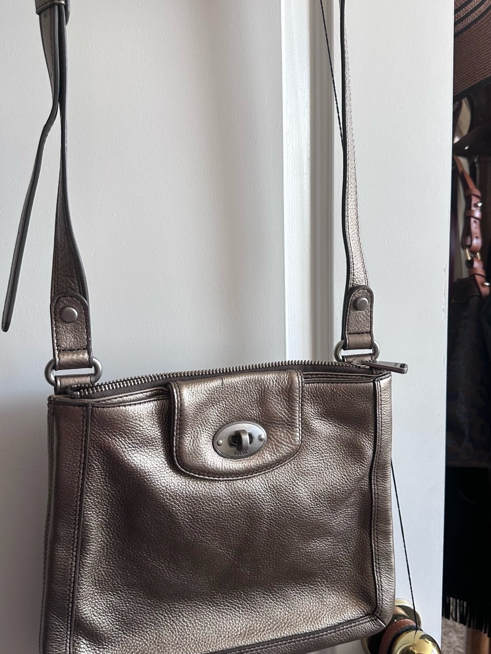Fossil Metallic Pewter Leather Crossbody - Silver Hardware